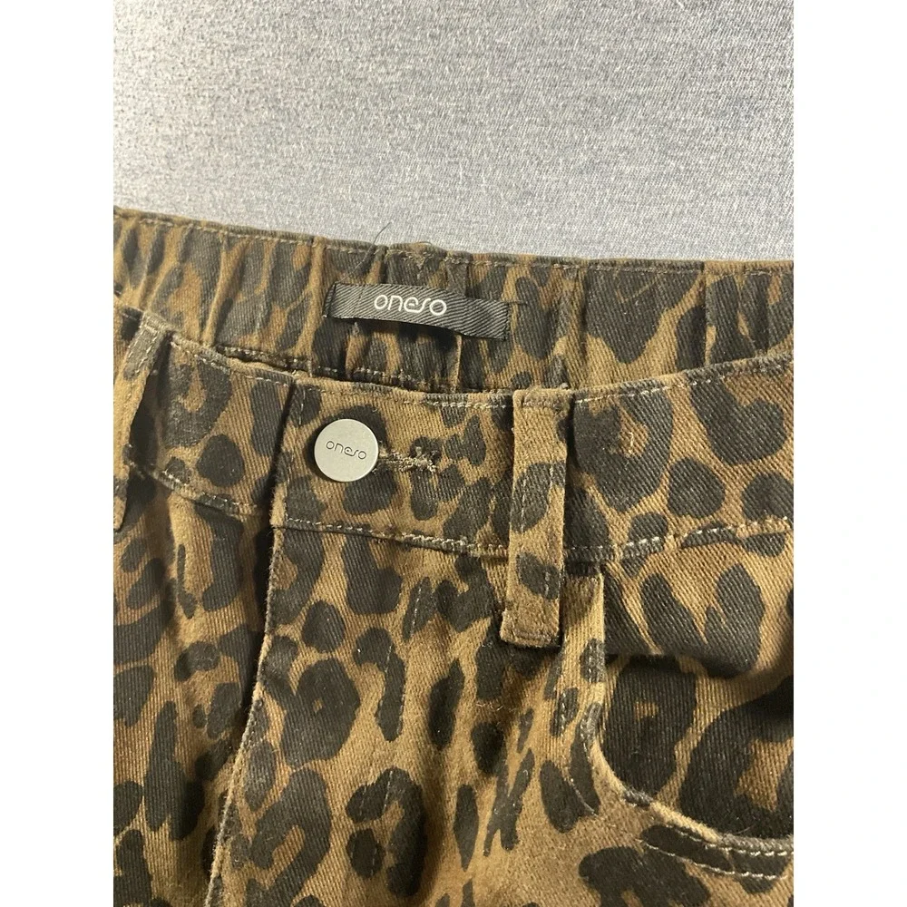 Oneso Leopard Print Wide Leg Jeans Women's Size 29 Brown High Rise Stretch Denim - Picture 3 of 7